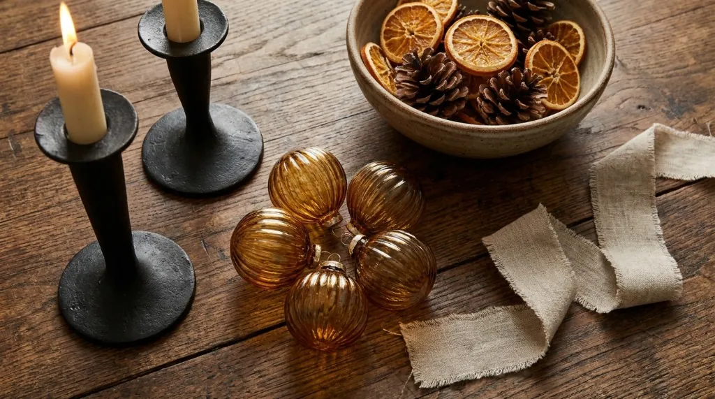 Durable heirloom holiday decorations featuring forged iron taper holders, ribbed amber glass ornaments, and frayed linen ribbon
