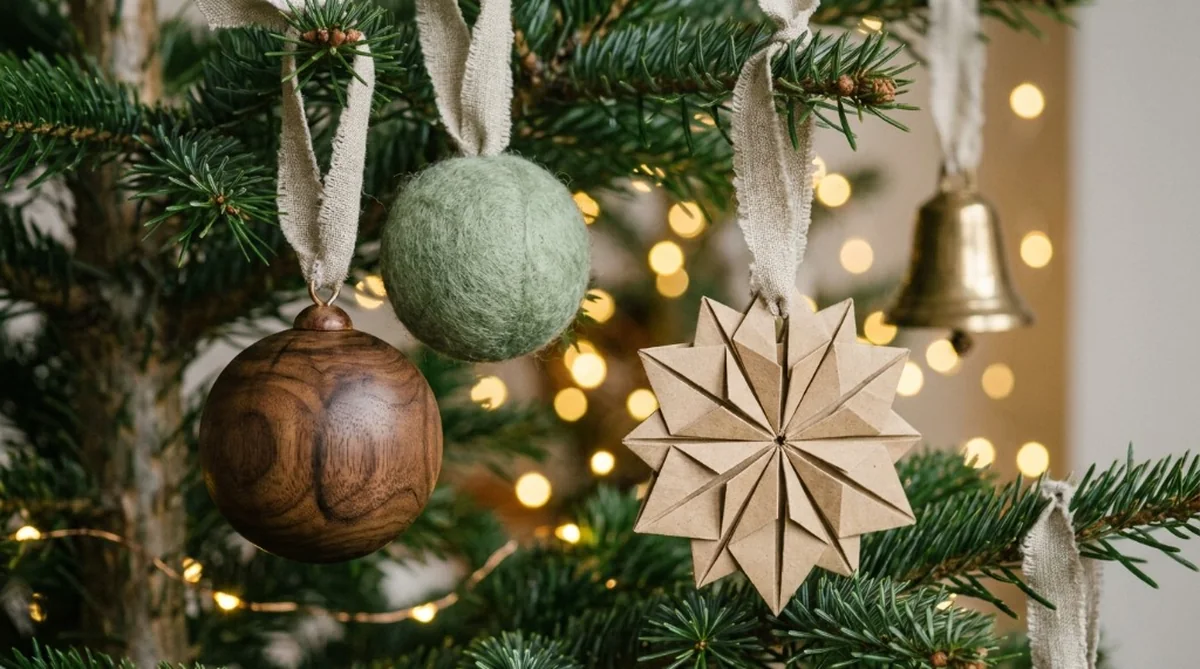 Handmade holiday ornaments made from walnut, green wool, and folded kraft paper