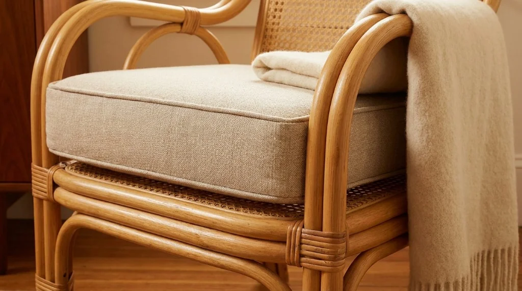 Tailored 4-inch linen cushion resting on sustainable rattan furniture woven cane seat to prevent sagging