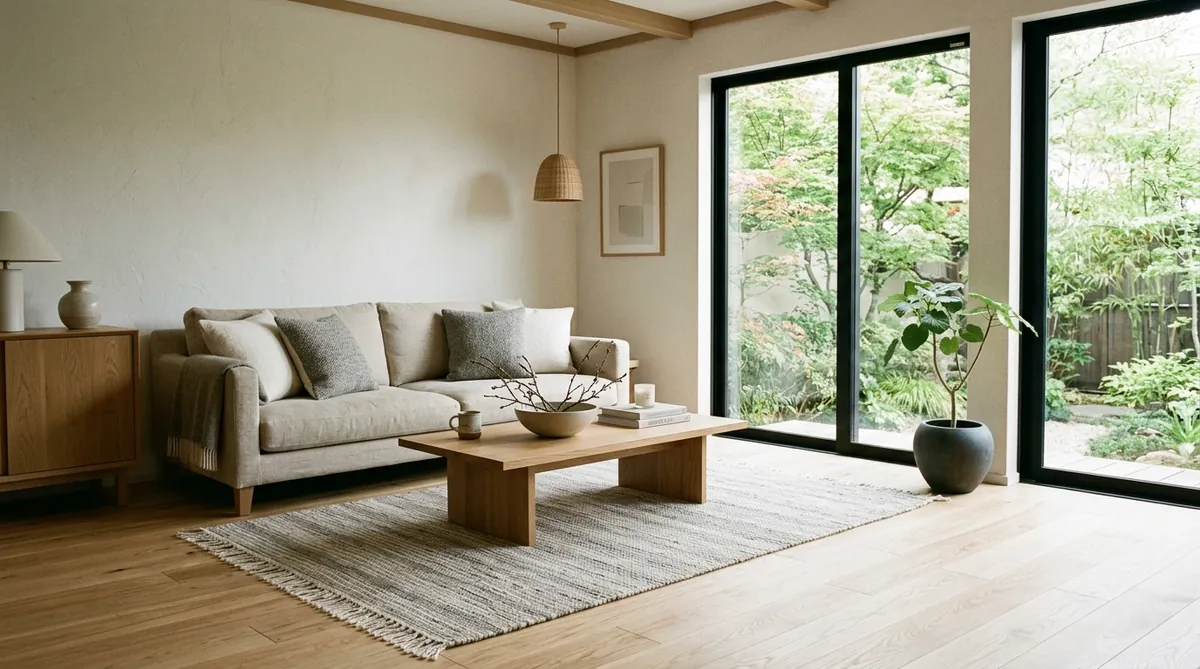 Hook and Loom undyed chemical-free natural flatweave wool rug in minimalist living room