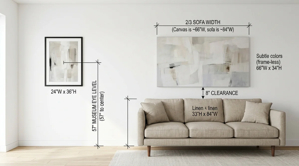 Architectural technical diagram demonstrating how high to hang art over a sofa and the 57 inch museum eye level rule