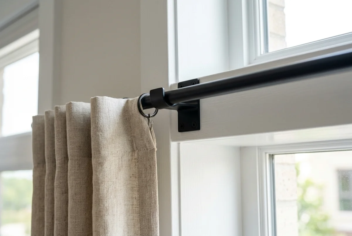 How to hang curtains in an apartment without drilling using tap-in window casing brackets and blackout drapes