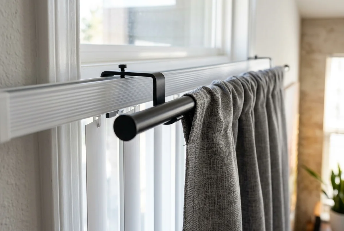 How to hang curtains over vertical blinds without drilling using a headrail clamp bracket in a rental apartment