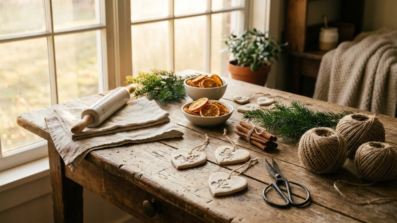 Rustic craft table arranged with rolling pin, linen, twine, dried orange slices, cinnamon sticks, and botanical salt dough ornaments