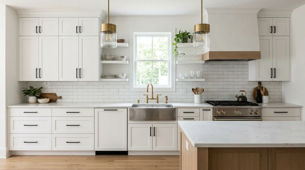 How to mix metal finishes in a kitchen demonstrating the 70 30 rule with matte black pulls and brushed brass lighting