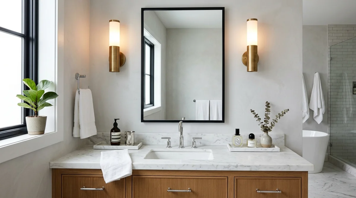 How to mix metal finishes in a bathroom with matte black framed mirror, brushed brass sconces, and polished chrome faucet