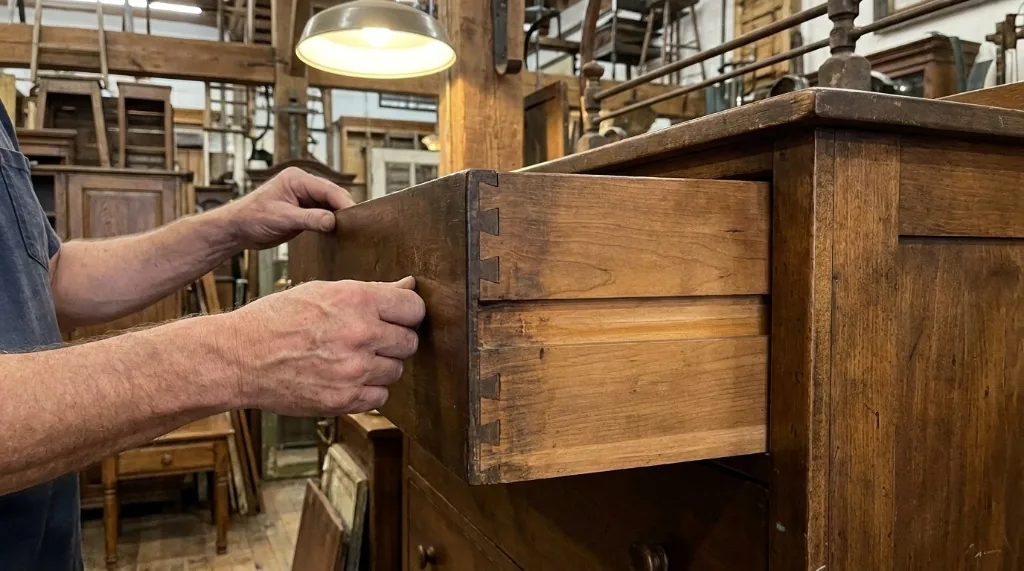Close inspection of hand-cut interlocking dovetail joints on an affordable vintage hardwood dresser drawer