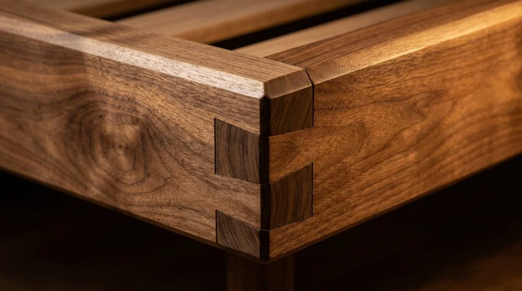 Macro detail of interlocking Japanese mortise and tenon timber corner joints on a solid wood bed frame with zero metal fasteners