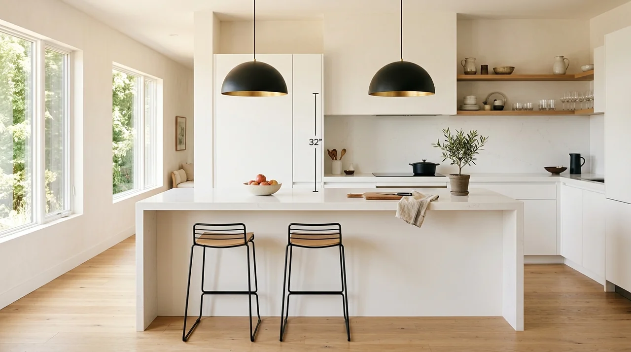 Kitchen island pendant light hanging clearance of 32 inches above quartz countertop demonstrating eye-level sightline