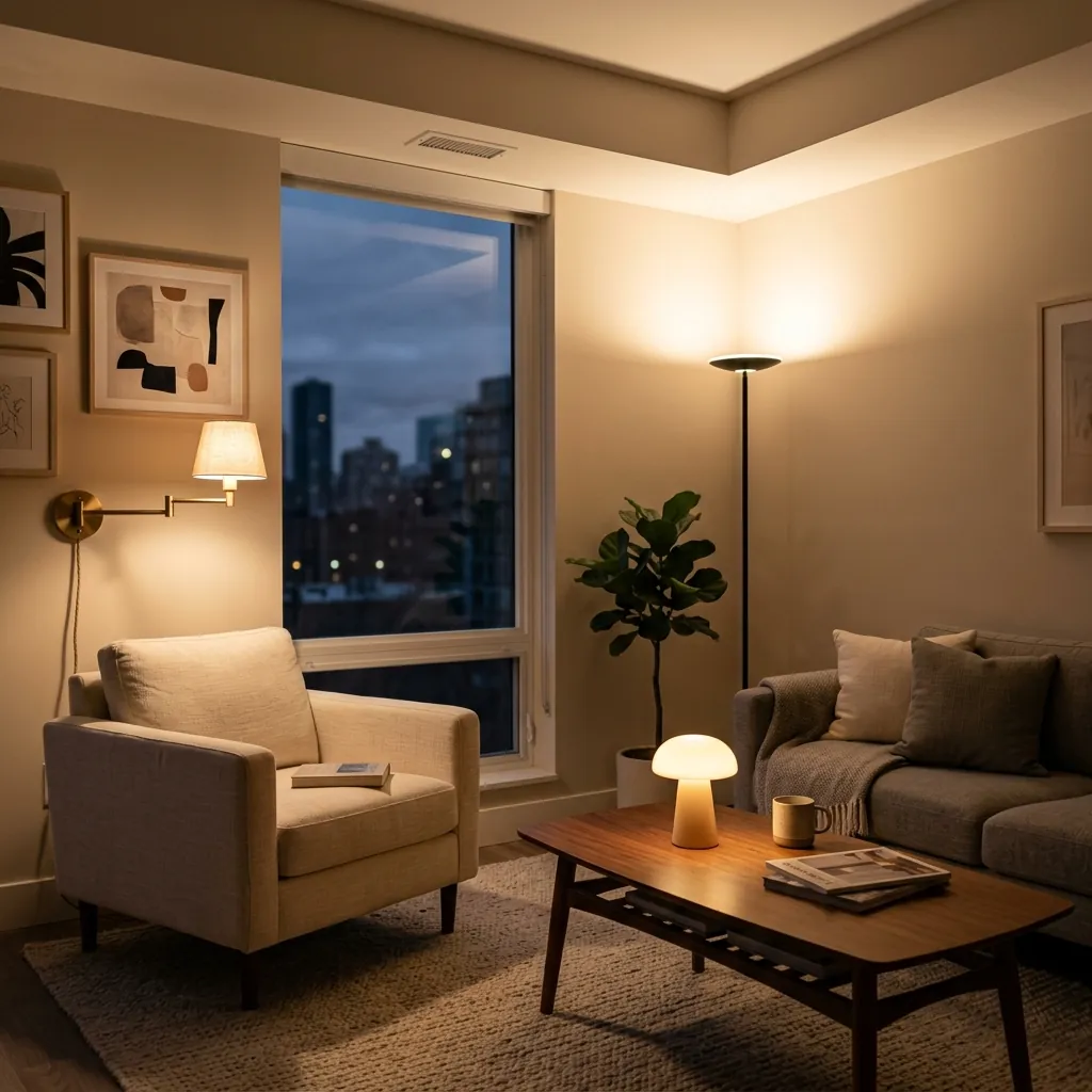 how to layer lighting small living room - Cozy small living room demonstrating layered lighting with a brass wall sconce, corner torchiere uplight, and warm cordless table lamp