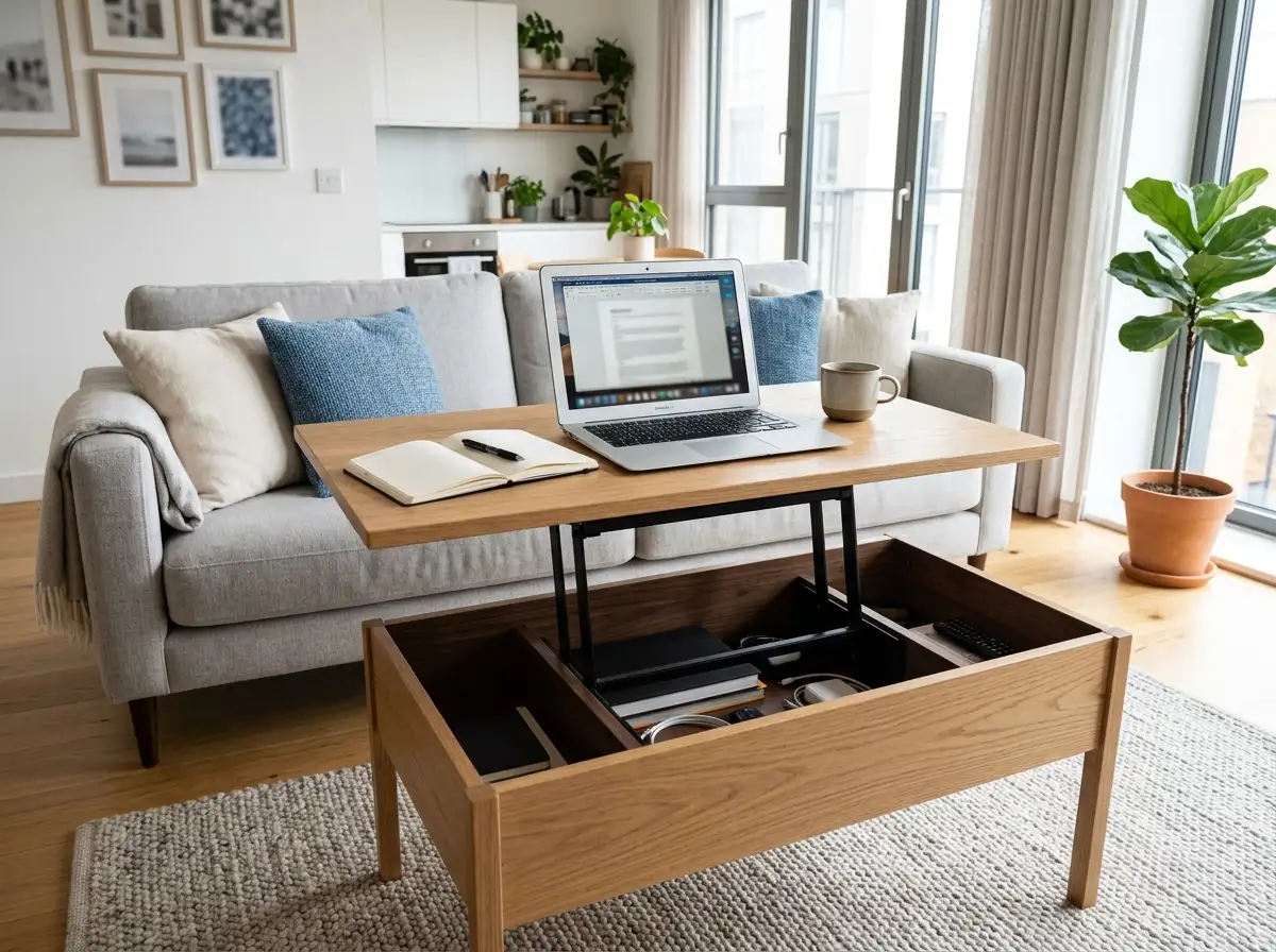 multifunctional furniture small rentals - Pneumatic lift-top coffee table elevated to desk height with laptop and open storage compartment in small apartment living room