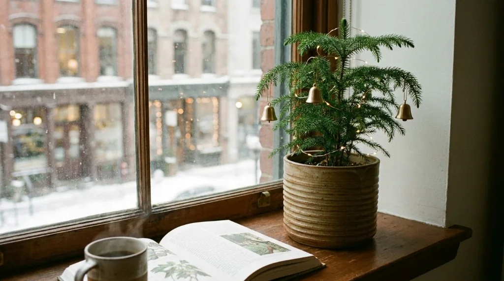 Living potted Norfolk Island pine tree in a ceramic pot decorated with brass bells on a wooden apartment windowsill