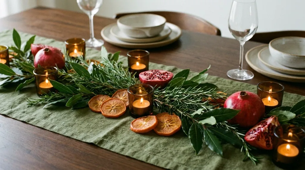 Low-profile holiday botanical table runner with fresh rosemary, bay laurel leaves, cut pomegranates, and amber glass tea light votives