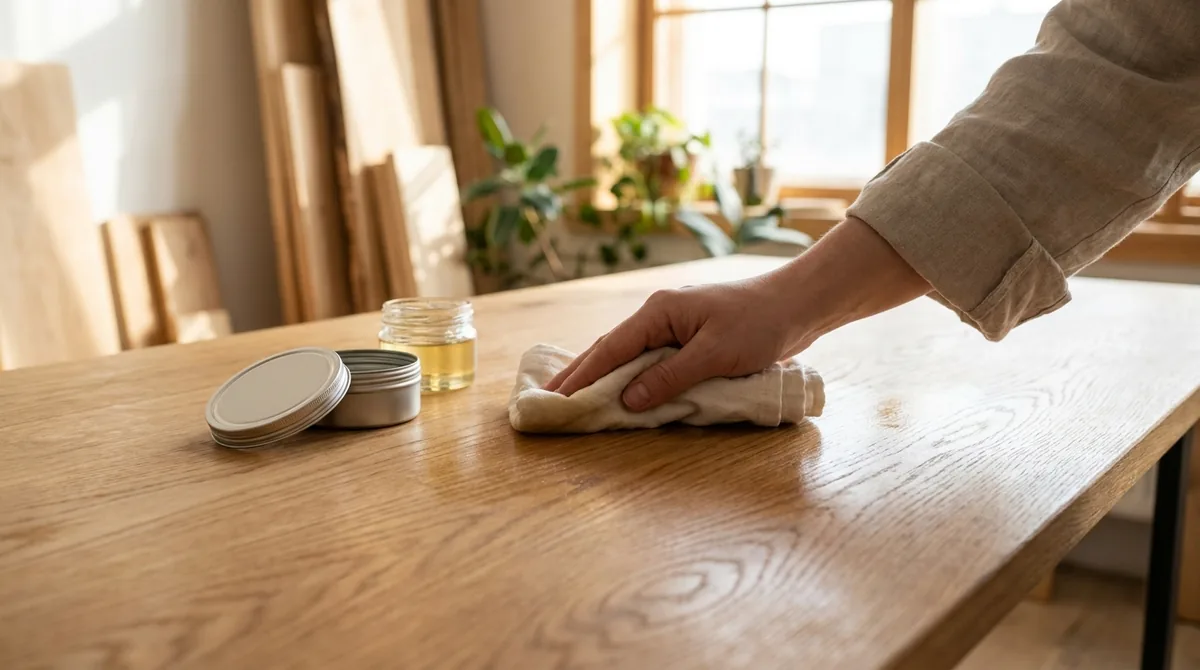 Hand applying a clear finish to a wood tabletop with a cloth beside open containers