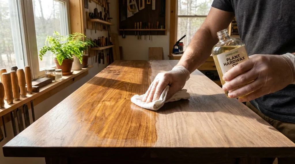 Hands buffing a natural plant-based hardwax oil into a solid walnut desktop using a clean cotton cloth