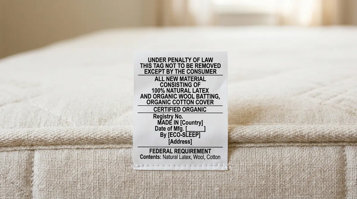 Close-up of a federal law tag on an organic mattress verifying 100 percent natural latex and organic wool batting with zero fiberglass.