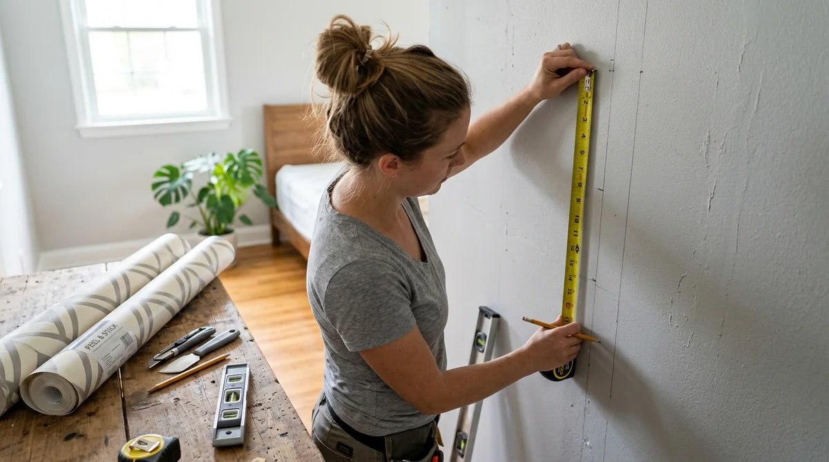 peel and stick wallpaper how many rolls - Measuring vertical drops on drywall with a metal tape measure before hanging removable wallpaper