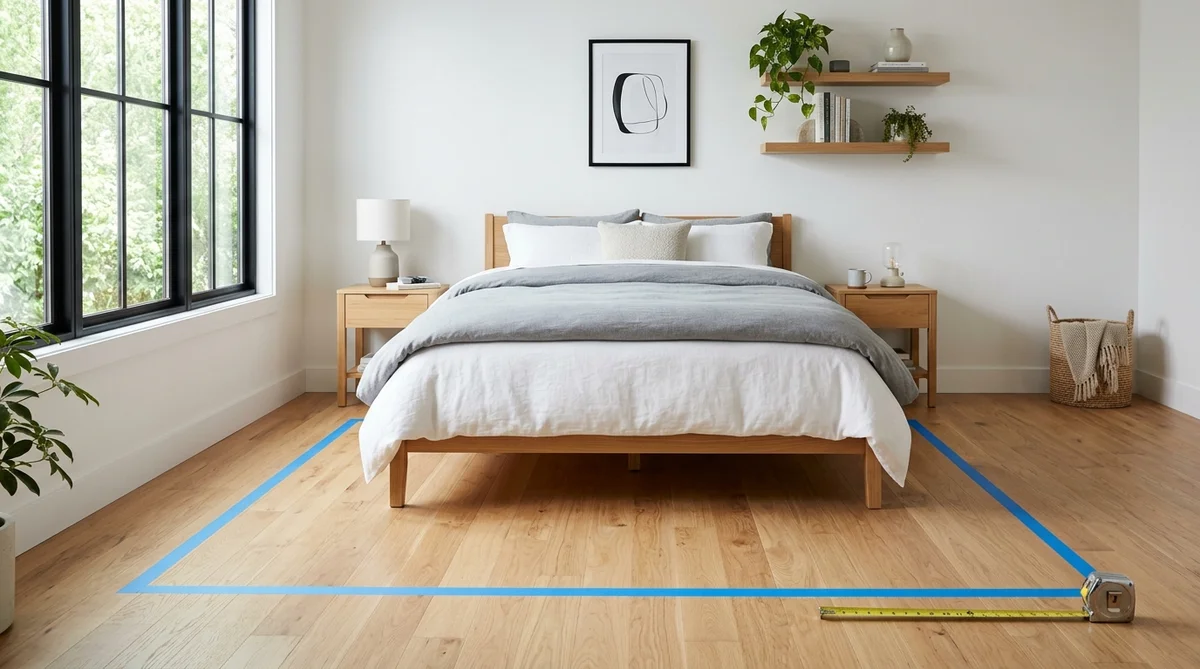 Testing what size rug for a queen bed on hardwood floor using blue painter tape perimeter outline