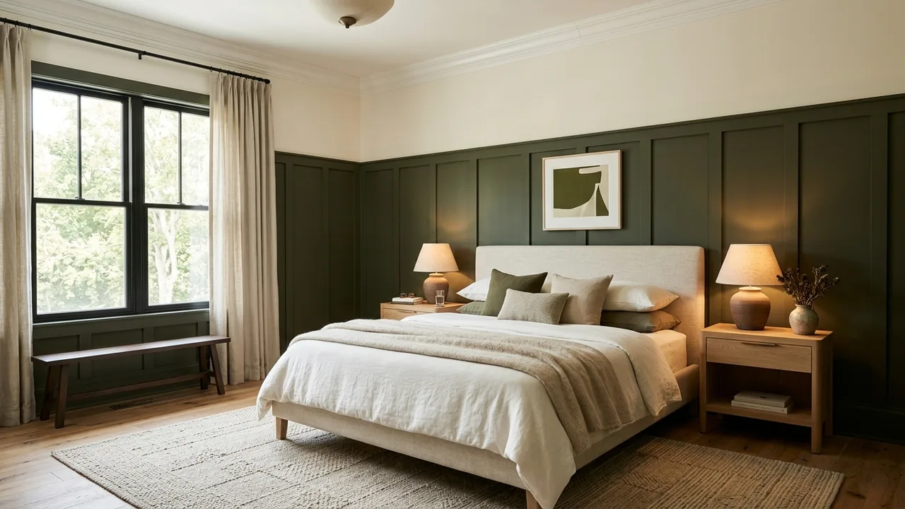 Modern two thirds height board and batten accent wall in dark olive green behind a queen bed