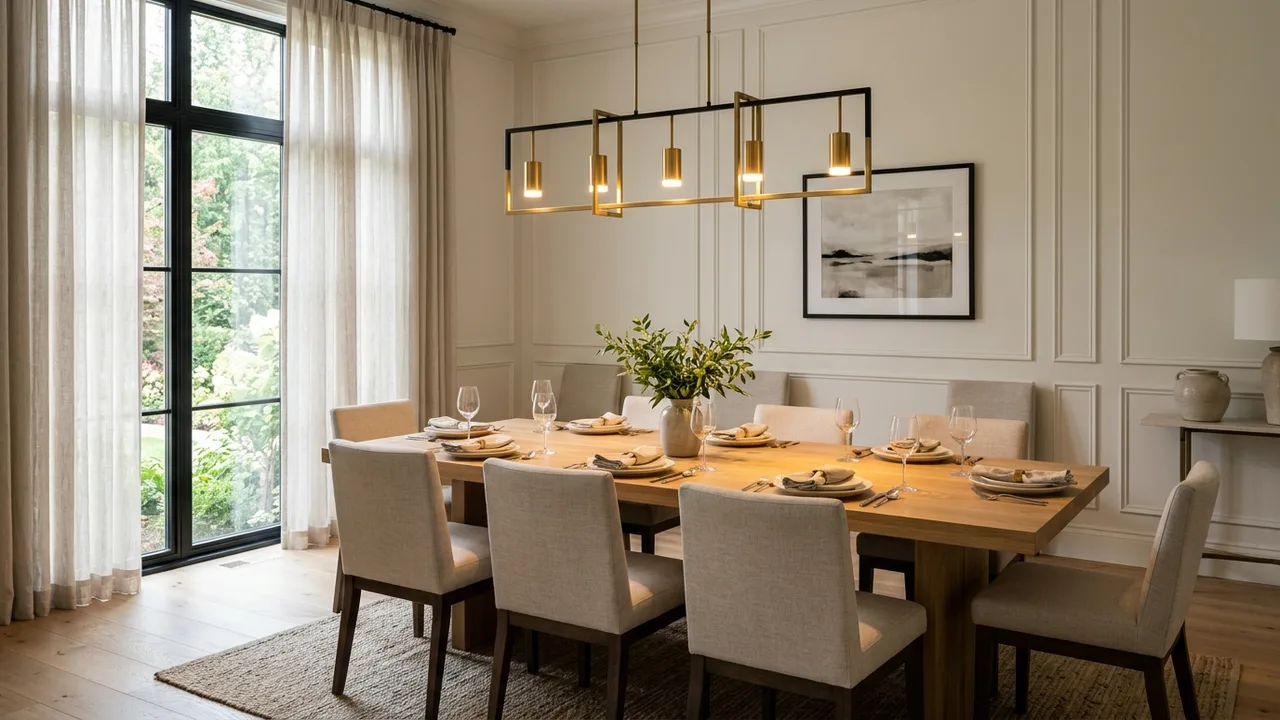Modern linear chandelier sized for a long rectangular dining table in an open concept dining room