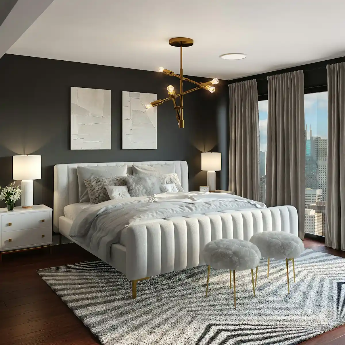 moody dark bedroom color scheme ideas - Cozy master bedroom featuring dark moody walls balanced with soft linen bedding, natural wood furniture, and ambient lighting
