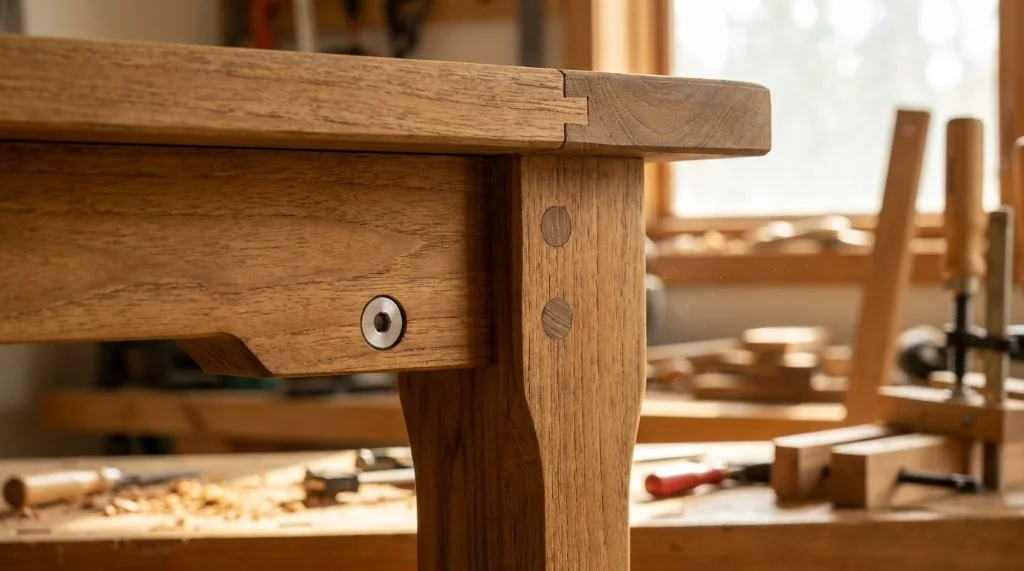 Close up of traditional mortise and tenon joint with solid teak dowels and flush marine grade 316 stainless steel bolt on table frame