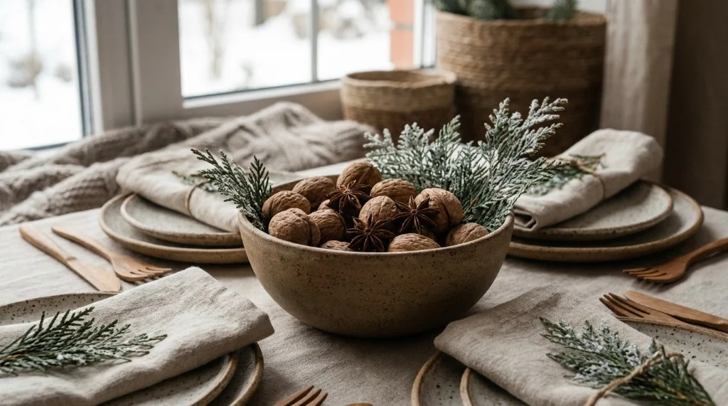 Minimalist multi-season transitional holiday dining tablescape with stoneware bowl, walnuts, star anise, and winter cedar sprigs