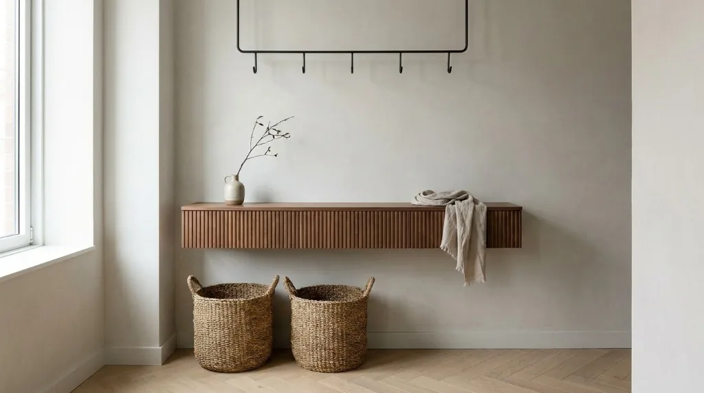 Floating fluted walnut console ledge with woven floor baskets in a narrow entryway