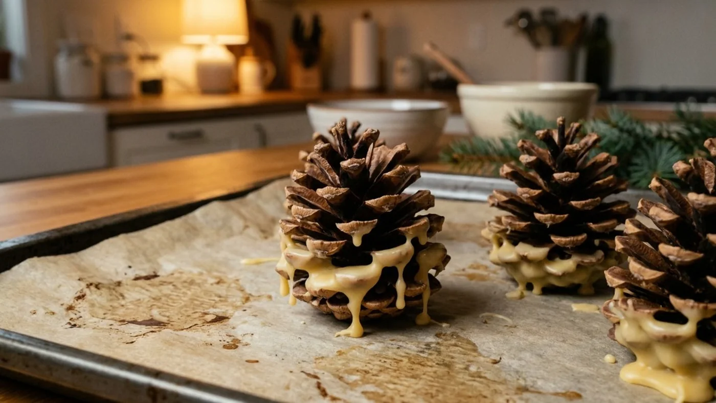 Natural sugar pinecones dipped in pure warm beeswax hardening on parchment paper for zero waste diy christmas ornaments