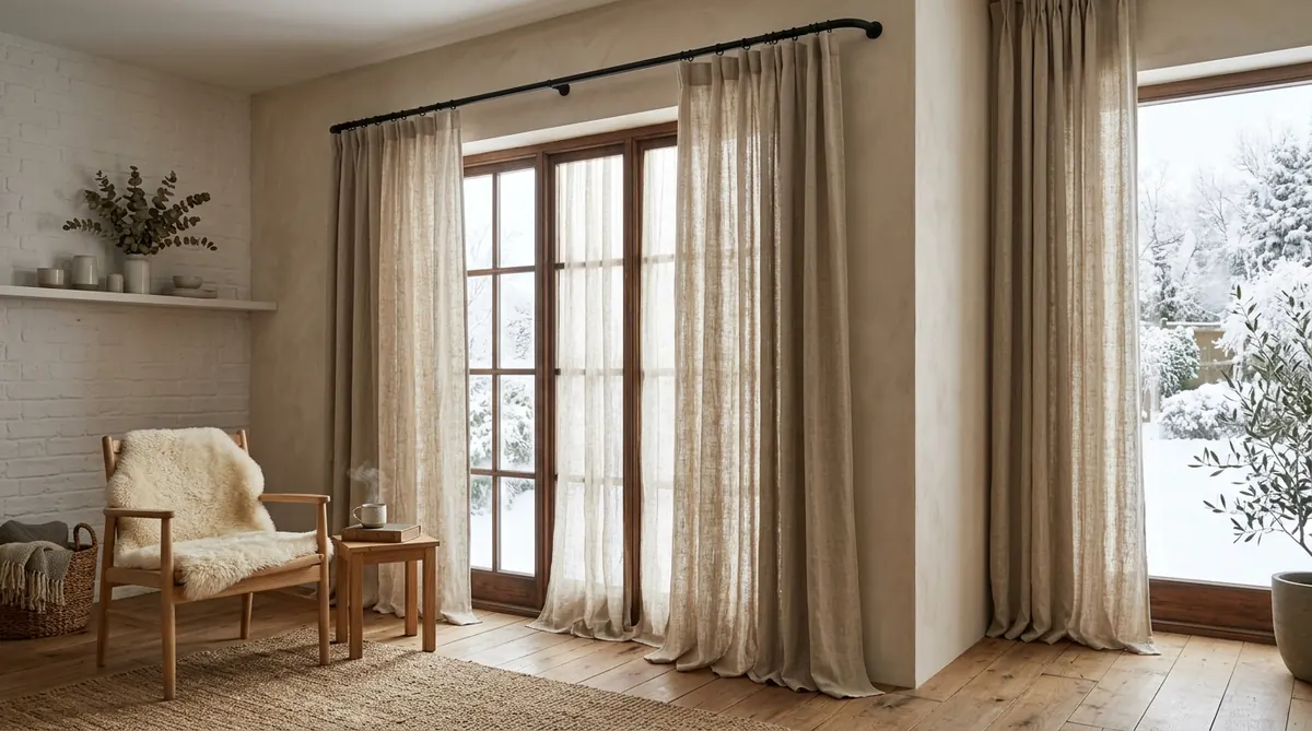 Washed natural linen curtains hanging from a matte black rod with warm diffused light