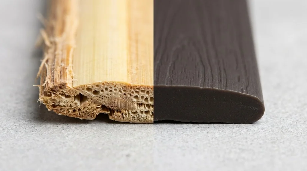 Macro comparison showing porous natural rattan plant cross section beside solid extruded HDPE synthetic wicker strand