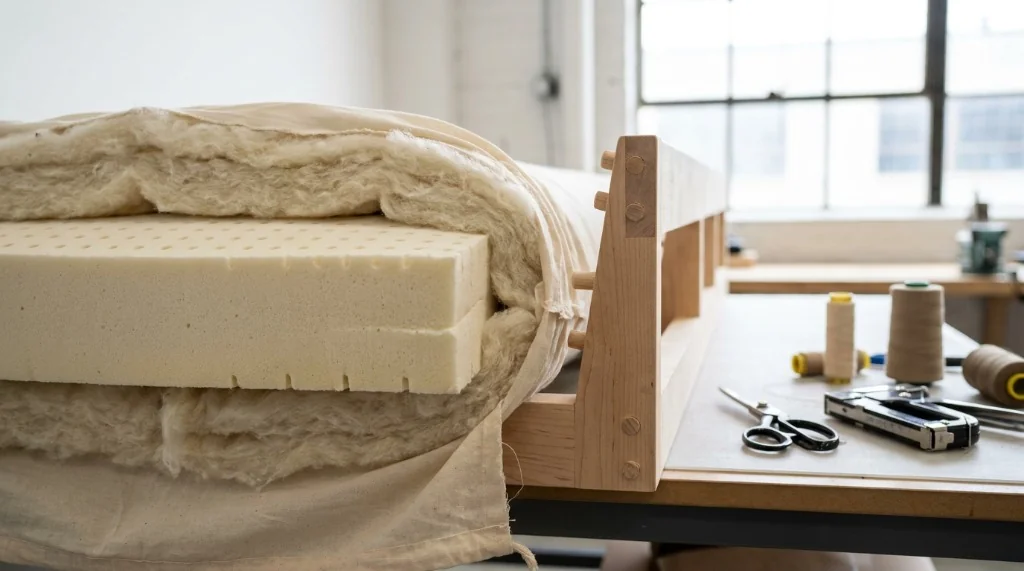 Cross-section inspection of an organic natural latex cushion core wrapped in pure wool batting beside a wooden furniture frame