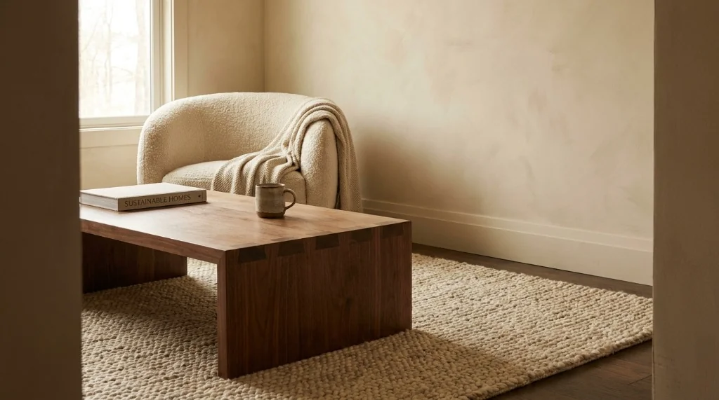 Living room non-toxic furniture audit comparing fast furniture hazards with heirloom solid timber standards