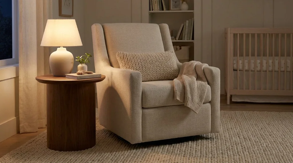 Cozy nursery nursing nook with an ergonomic oat-linen swivel glider chair and round wooden side table under warm lighting