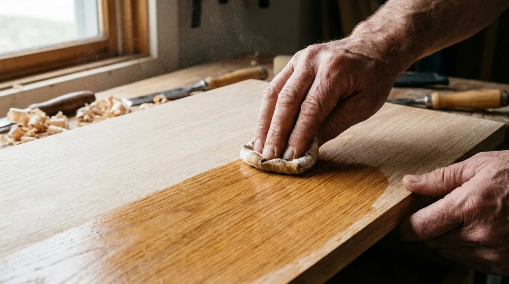 Woodworker applying zero-VOC natural plant oil to raw solid oak timber panel showing deep grain enhancement without chemical fumes