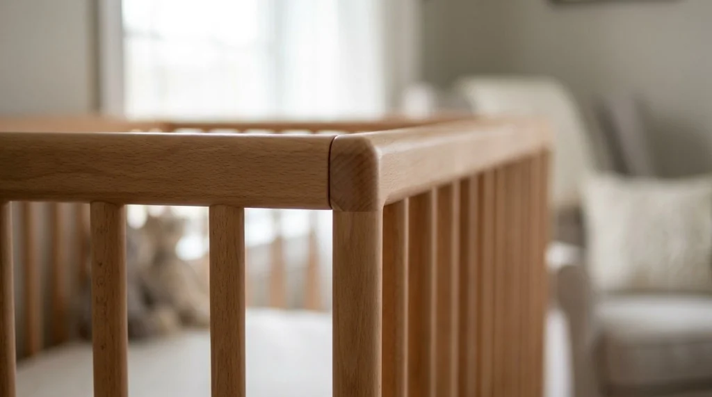 Macro detail of rounded solid wood crib slats meeting the top rail with safe spacing and smooth non-toxic finish