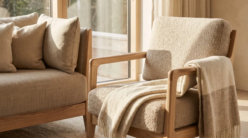 Close up view of natural upholstery textures featuring certified organic wool bouclé, washed Belgian flax linen, and natural timber frame