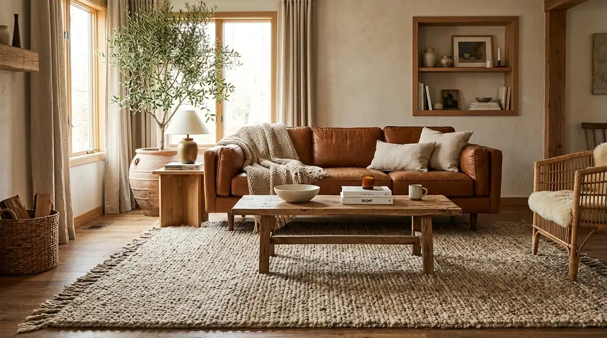 nuLOOM chunky woven natural wool and jute blend rug under caramel leather sofa