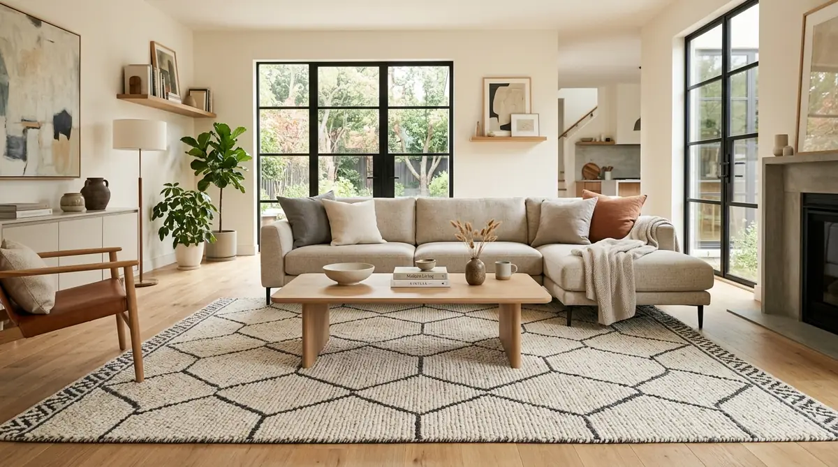 nuLOOM Moroccan Blythe cream and charcoal geometric wool area rug under coffee table