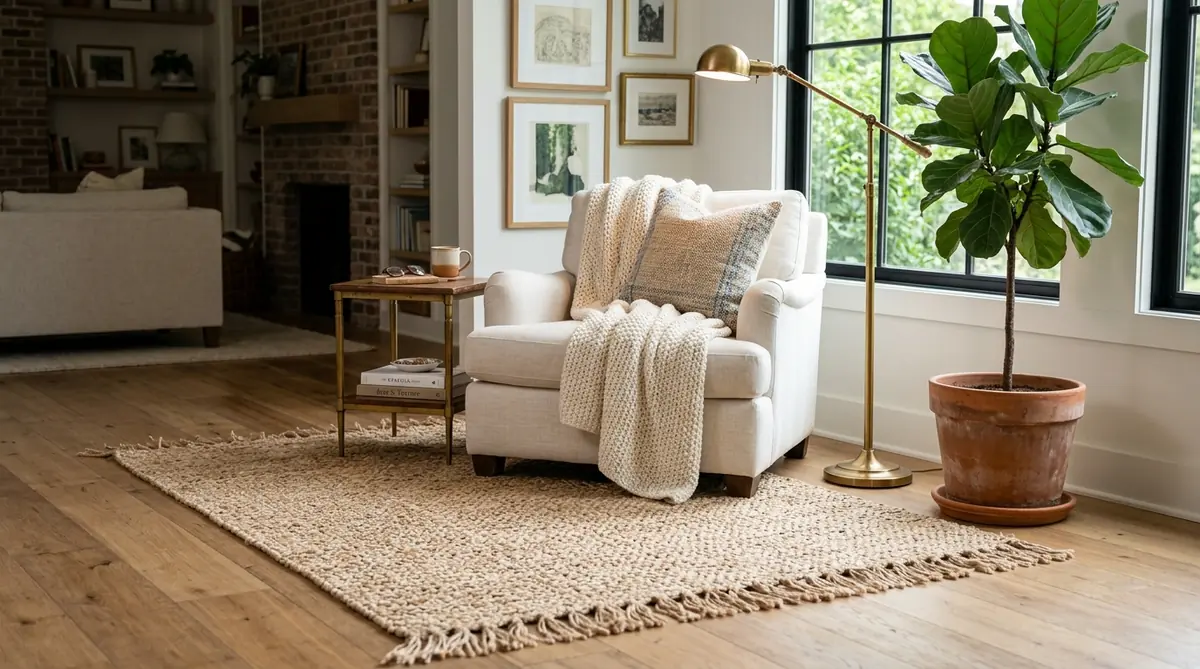 nuLOOM Rigo hand woven natural bleached jute area rug with soft fringe tassels under armchair