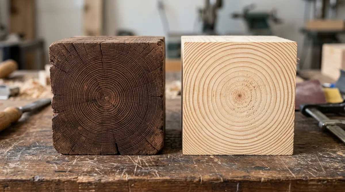 End-grain cross-section comparison showing dense, tightly packed annual rings of authentic old-growth reclaimed timber beside loose, wide rings of modern plantation pine.