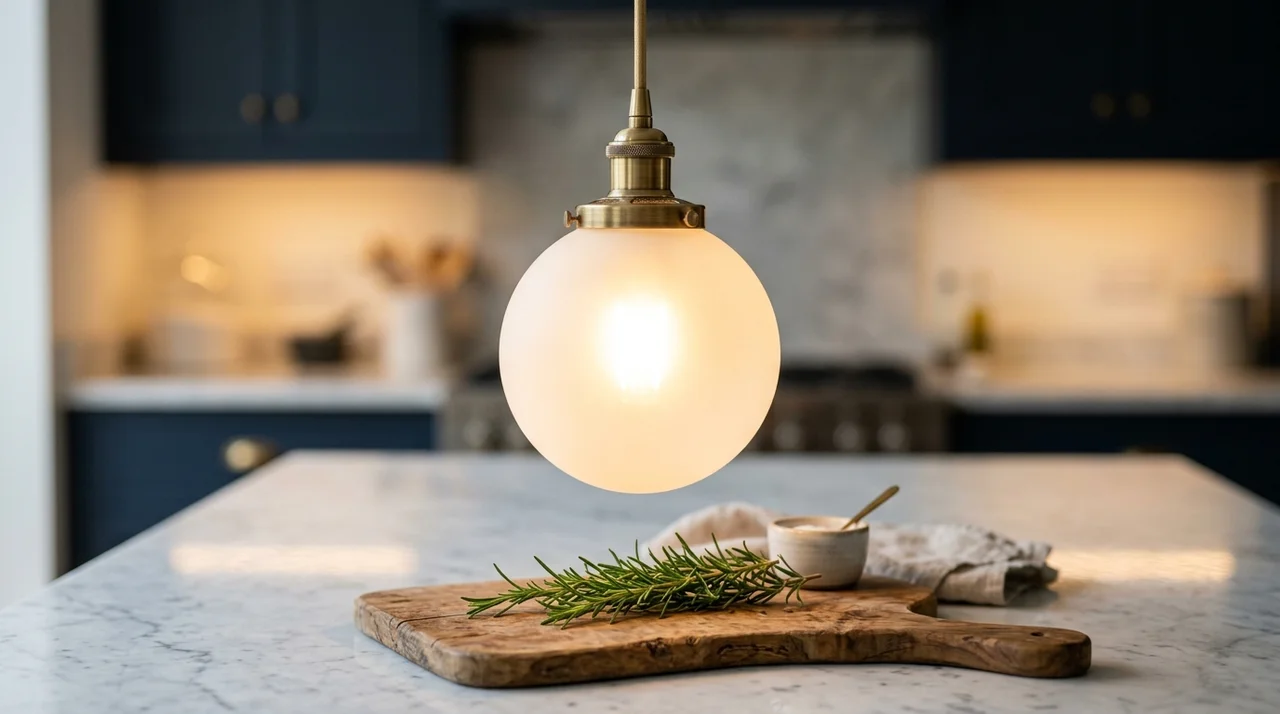 Opal glass globe pendant light glowing with warm 2700K illumination above kitchen island counter