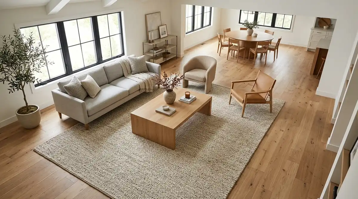 Overhead view of large textured wool area rug anchoring an open plan living room talk zone with clear walkways