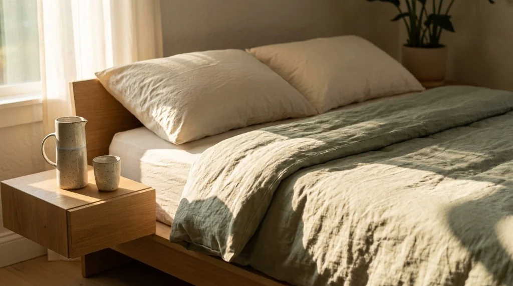 Organic bedroom and zero-waste bathroom product guide featuring GOTS cotton percale, latex pillows, and safety razors