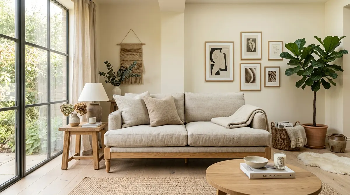 Bright Scandinavian living room featuring an eco-friendly sofa upholstered in non-toxic GOTS certified Belgian linen with solid wood legs.
