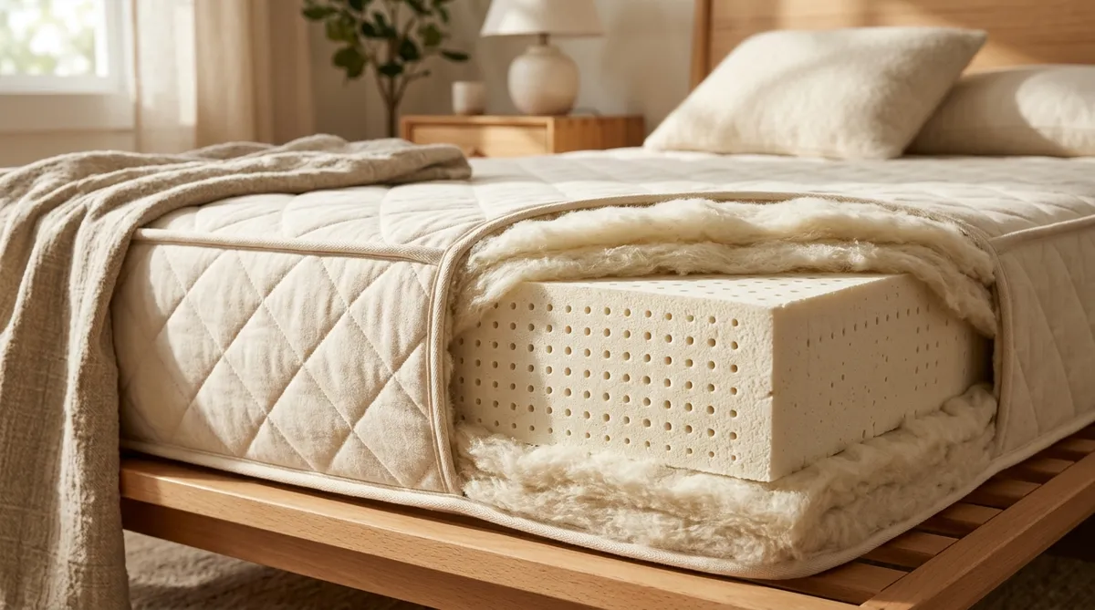 Cutaway of an organic mattress showing Dunlop natural latex core, pure organic wool batting fire barrier, and organic cotton fabric.