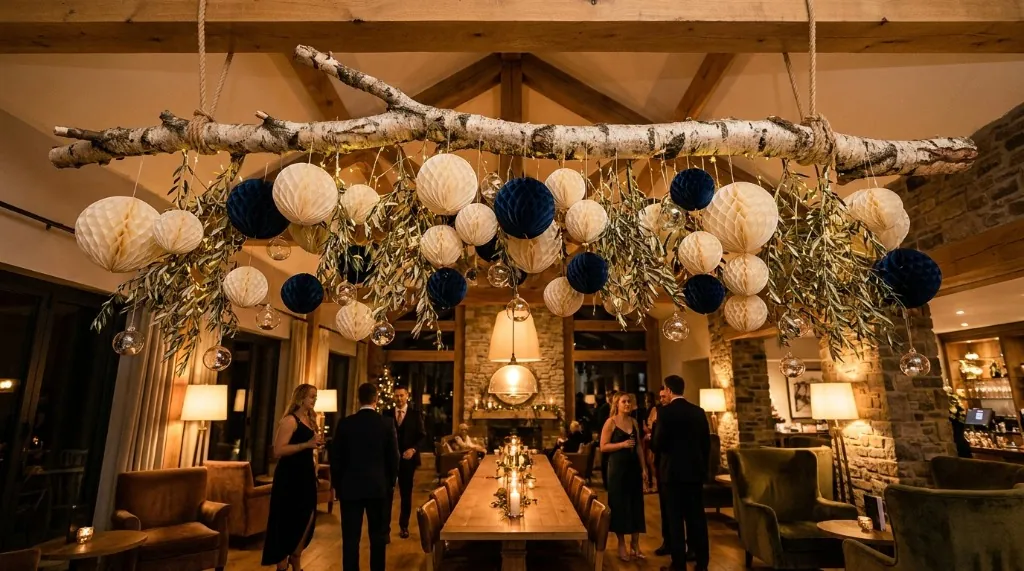 New Year party ceiling decor with a light birch branch, paper honeycombs, and LED lights
