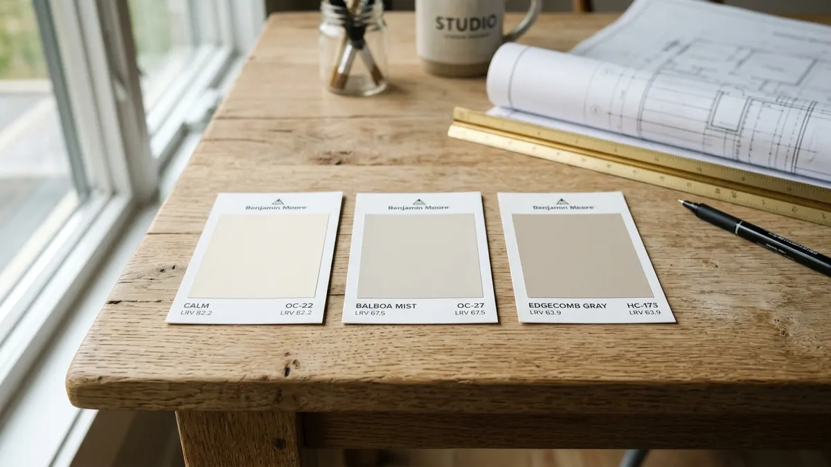 Close-up photograph of three paint color swatch cards laid out on a light wooden table showing printed light reflectance value ratings