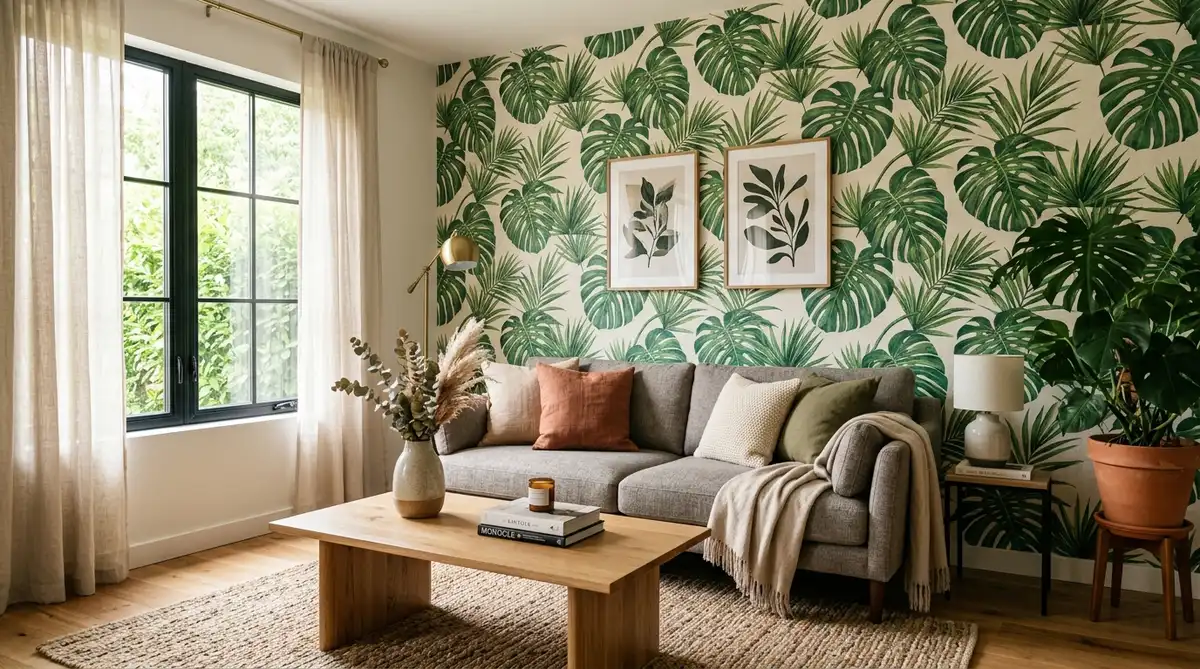 peel and stick wallpaper how many rolls - Botanical peel and stick wallpaper accent wall behind a modern sofa in a sunlit living room