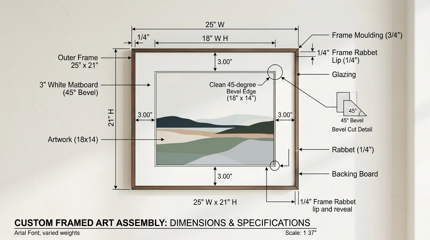 Picture frame mat size calculator diagram with artwork, mat border, bevel edge, and frame rabbet
